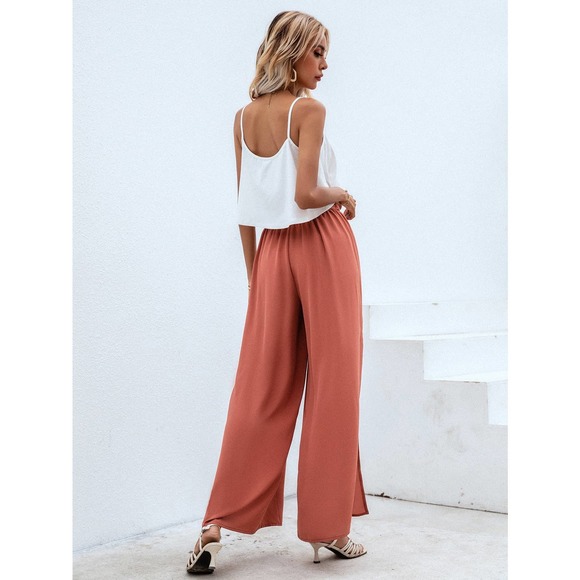 2 piece set: Cami crop Top & Belted Split thigh wide leg Pants hot pink - Picture 7 of 11